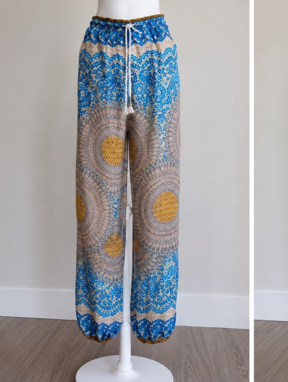 Straight Leg Bohemian Thai Harem Print Pants in Blue and Mustard